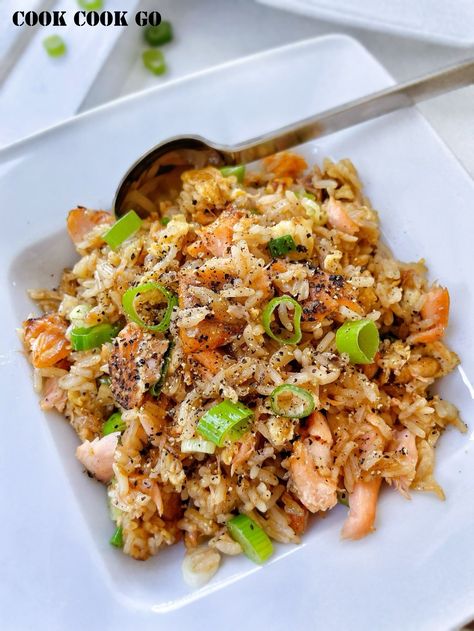 Super Easy Salmon Fried Rice Shrimp Tofu Recipe, Salmon Fried, Salmon Fried Rice, Salt And Pepper Shrimp, Bbq Salmon, Salmon Soy Sauce, Pineapple Fried Rice, Pork Fried Rice, Shrimp Fried Rice