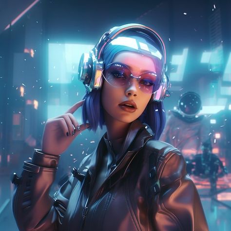 Women In Cybersecurity, Woman Wearing Headphones, Neon Cyberpunk, Wearing Headphones, Streetwear Inspiration, Streetwear Essentials, Urban Aesthetic, Casual School Outfits, Futuristic Art