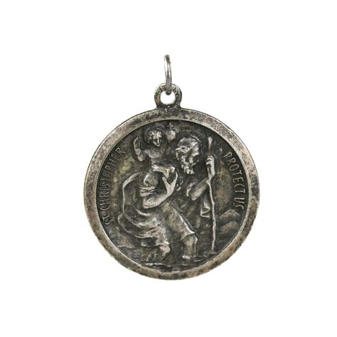 Vintage Silver Plated St. Christopher "I am a Catholic" Religious Medal.  Marked Italy on bale. Measures 1" in diameter. Tarnished condition.