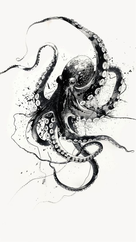 Octopus Realistic Drawing, Octopus Ink Art, Octopus Ink Drawing, Octopus Tattoos Simple, Octopus Tattoo Design Sketches, Octopus Drawing Sketches, Deep Sea Tattoo, Octopus Art Drawing, Octopus Tattoo Ideas