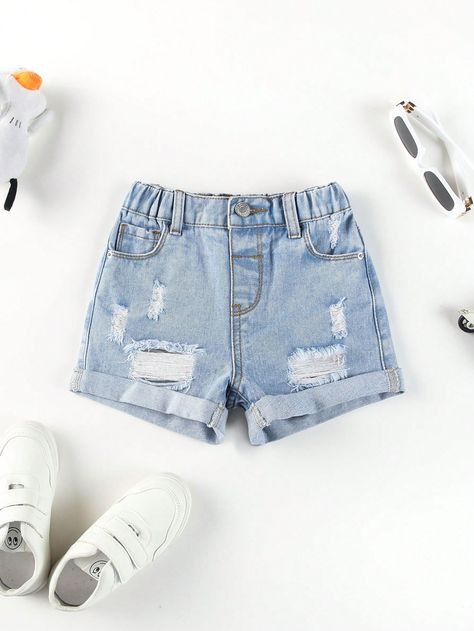 Young Girl Ripped Roll Up Hem Denim ShortsI discovered amazing products on SHEIN.com, come check them out! Ripped Jean Shorts For Kids, Kids Denim Shorts, Short Girl Outfits, Jean Short Outfits, Girls Denim Shorts, Toddler Jeans, Ripped Jean Shorts, Ripped Shorts, Blue Jean Shorts