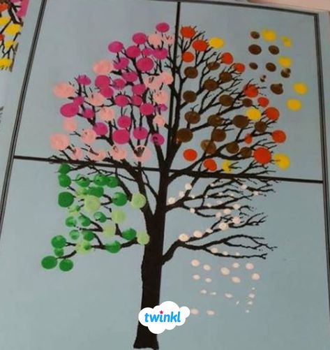 We love this finger painting idea. Children, and adults as a mindfulness activity, can use their fingers to paint the changing leaves on a tree as it passes through the seasons. This is such a clever and colourful way to learn about the topic. Sign up to Twinkl to discover thousands more teaching ideas.   #fingerpainting #seasonal #seasons #tree #nature #art #paint #changes #autumn #winter #spring #summer #twinkl #twinklresources #teacher #parents #mindfulness #painting Seasons Art Grade 1, Tree Seasons Craft, Seasons Project For Preschool, Preschool Calendar Craft, 4 Seasons Art For Kids, 4 Seasons Craft Preschool, Four Seasons Crafts Preschool, Seasons Art Preschool, Changing Seasons Art