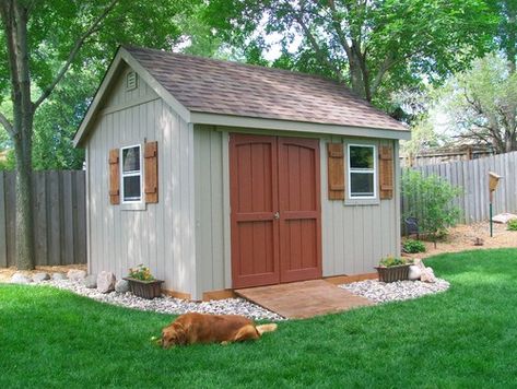 Find 27 Charming Landscaping Ideas For Sheds Storing Garden Tools, Painted Shed, Shed Landscaping, Backyard Storage Sheds, Custom Sheds, Backyard Storage, Garden Storage Shed, Shed Colours, Balkon Design