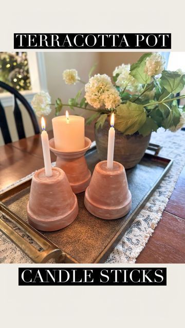 Tara Panasiuk on Instagram: "Terracotta pot candle sticks 🤗 So easy and affordable to make! Love giving my planter pots a weathered look like this.. I thought why not make candle holders out of them this time! 😍 What do you think?" Terracotta Crafts, Clay Pot Candle, Make Candle Holders, Flower Pot Candle Holder, Teracotta Pots, Make Candle, Church Christmas Party, Decorated Candles, Christmas Shop Window