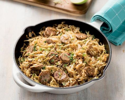 Budget-Friendly Chicken Sausage and Cabbage Skillet Sausage And Cabbage Skillet, Sausage And Cabbage, Cabbage Skillet, Shredded Cabbage, Chicken Sausage, White Wine Vinegar, Budget Friendly Recipes, Saute Pan, Weeknight Dinner