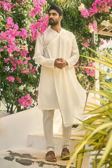 Buy Off White Chanderi Chevron Pattern Angarkha Style Kurta Set For Men by NAFS Online at Aza Fashions. Angarkha Men, Groom Trends, Jatin Malik, India Fashion Men, Indian Wedding Clothes For Men, Asymmetric Kurta, Wedding Outfits For Groom, Gents Kurta Design, Gents Kurta