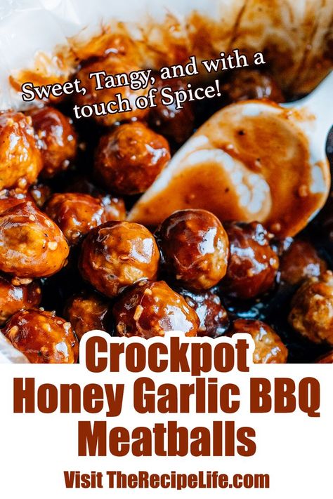 A serving spoon in a crockpot full of meatballs covered in a thick and savory honey garlic sauce. Bbq Meatball Dinner Ideas, Easy Meatball Sauce, Honey Bbq Sauce Recipe, Bbq Meatball Recipe, Honey Garlic Meatballs, Garlic Meatballs, Crockpot Meatballs, Bbq Appetizers, Meatball Dinner