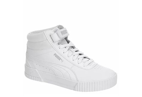 Outfits With High Tops, White Pumas, Puma High Tops, High Tops Outfit, Nb Shoes, White Puma Sneakers, Puma Carina, Slouch Socks, Velcro Sneakers