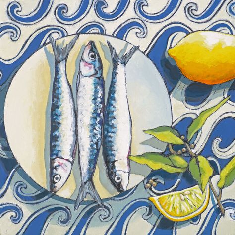 'Sardines and Lemons'  Copyright Jilly Ballantyne Please keep this information when pinning, thanks! acrylic painting still life Cornwall seafood food style tresanton st mawes Sardine Painting Acrylic, Food Acrylic Painting, Seafood Painting, Fish Painting Acrylic, Fishes Painting, Acrylic Painting Still Life, Seafood Art, Food Art Painting, Realistic Oil Painting