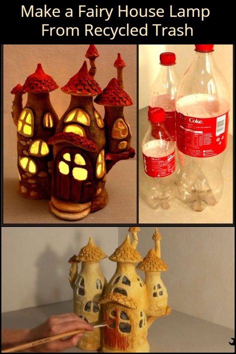 Make a Fairy House Lamp From Recycled Trash House Made From Recycled Materials, Recycled Items Projects, Sculptures Made From Recycled Materials, Recycled Material Crafts, Art Made With Recycled Materials, Sculpture From Recycled Materials, Useful Items From Recycled Materials, Diy Using Waste Materials, Lamp Upcycle Diy