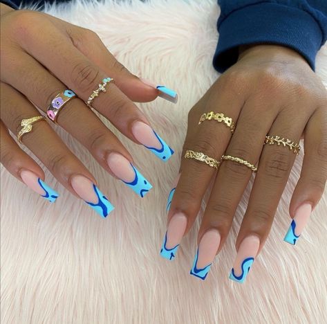 Edgy Y2k Nails, French Blue Nails Design, Blue Drip Nails, Blue And Orange French Tip Nails, Green Summer Nails 2024, Birthday Blue Nails, Blue Coffin Nail Ideas, Nail Designs With Black, Cool Blue Nails