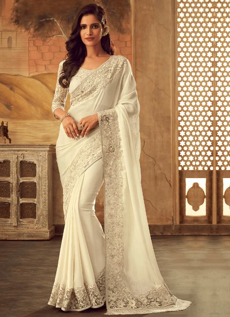 Cinderella Fashion, Saree White, Off White Saree, Leaf Sleeve, Saree Style, Eternal Beauty, Padded Blouse, White Saree, Embroidered Saree