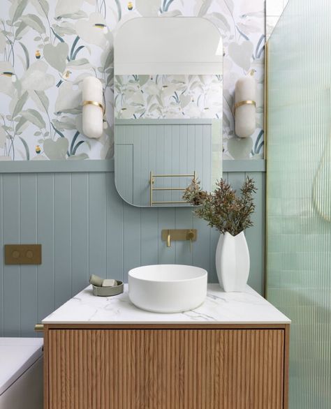 Blue Coastal Bathroom, Coastal Blue Bathroom, Fluted Glass Shower Screen, Powder Room Blue, Blue Bathroom Design, Hidden Cupboard, Vj Panelling, Modern Coastal Bathroom, Blue Bathrooms Designs