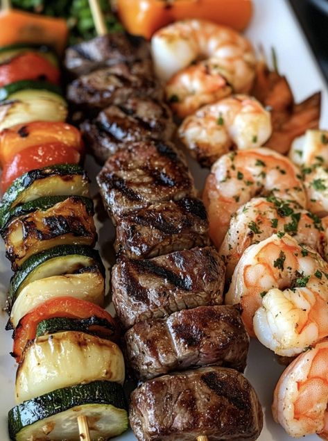 health meal, low carbs meals, keto meal Steak Kabobs On The Blackstone, Grilled Skewers Ideas Kabobs, Beef And Shrimp Kabobs, Seafood Shish Kabobs, Steak Wedding Dinner Ideas, Shrimp And Steak Kabobs On The Grill, Steak And Shrimp Kabobs In Oven, Chicken And Steak Kabobs On The Grill, Steak Serving Ideas