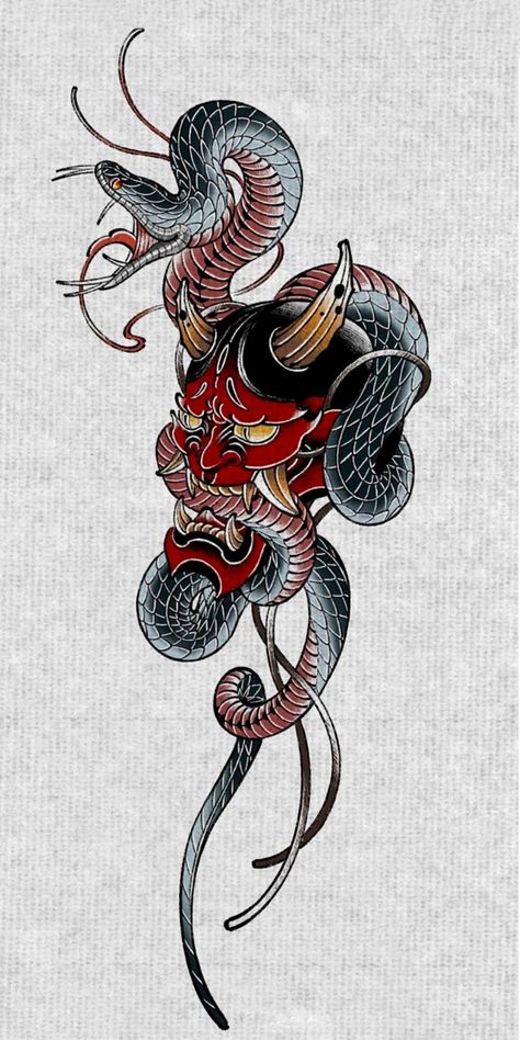 Dragon And Snake Tattoo, Japanese Snake Tattoo, Traditional Japanese Tattoo Designs, Oni Tattoo, Tattoo Japanese Style, Snake Dragon, Snake Tattoos, Japanese Dragon Tattoo, Japan Tattoo Design