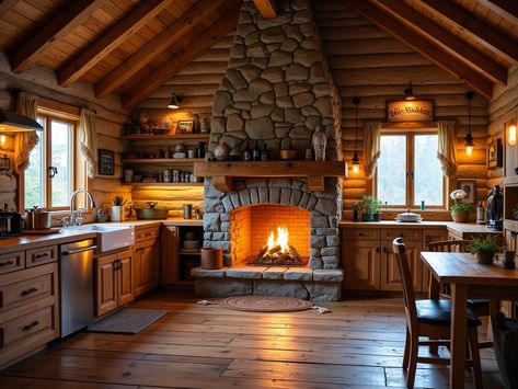 6+ Rustic Cabin Kitchen with Stone Fireplace Ideas - Dear Adam Smith Rustic Kitchen With Fireplace, Stone Fireplace In Kitchen, Kitchen With Fireplace Sitting Area, Kitchen Banquet Seating, Lodge Kitchens, Fireplace In Kitchen, Fireplace In The Kitchen, Barndo House, Stone Fireplace Ideas