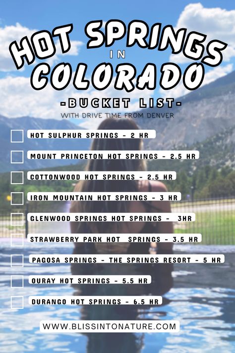 Colorado's Most Popular Hot Springs Guide with Drive Time | Travel Guide | Colorado | Things To Do Colorado Packing List Spring, Denver Colorado Things To Do Summer, Things To Do In Colorado Springs, Colorado Springs Things To Do, Colorado Springs Hikes, Colorado Hot Springs, Colorado Bucket List, Packing List Spring, Jordan Year