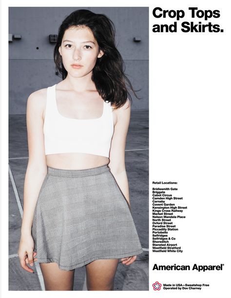 Crop Tops and Skirts. #AmericanAppare #advertisement #ads American Apparel Ads, Crop Tops And Skirts, American Apparel Ad, Electra Heart, American Apparel Skirt, Tops And Skirts, Brand Ideas, White City, Iconic Fashion