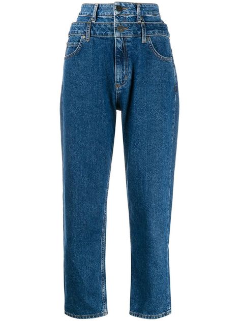 SANDRO PARIS SANDRO PARIS 'KITTY' JEANS MIT DOPPELTEM BUND - BLAU. #sandroparis #cloth Leather Look Jeans, Tied T Shirt, Vest Crop Top, Houndstooth Jacket, All Jeans, Sandro Paris, Ribbed Knit Top, Designer Jeans, High Jeans