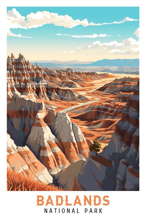 West Aesthetic, Uk Landscape, Park Illustration, Texas Poster, Wanderlust Decor, Badlands National Park, Vintage Poster Design, Travel Postcard, Vintage Travel Poster