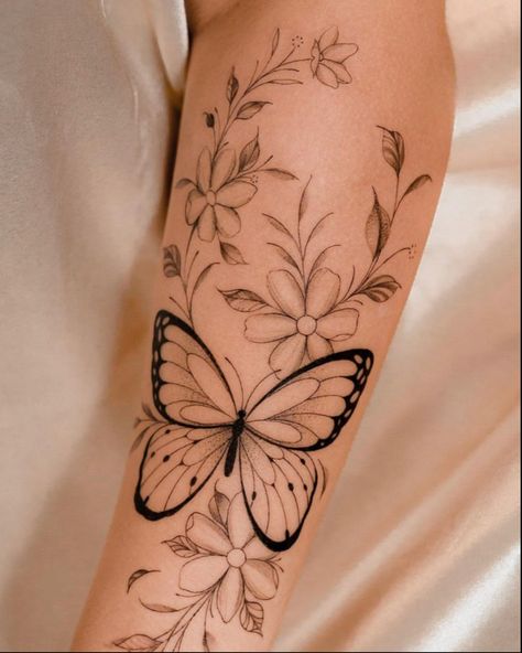 Butterfly Tattoo With Flowers Around It, Butterfly With Flowers Tattoo, Artsy Tattoos, Bright Tattoos, Cross Tattoos For Women, Butterfly Tattoos For Women, Silhouette Tattoos, Eagle Tattoos, Pretty Tattoos For Women