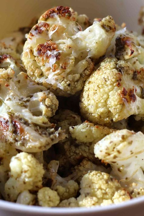 Parmesan Pesto Roasted Cauliflower Cauliflower Parm, Pesto Cauliflower, Roasted Cauliflower Recipes, Cauliflower Cheese, Basil Pesto, Cauliflower Recipes, Roasted Cauliflower, Parmesan Cheese, Grated Parmesan Cheese