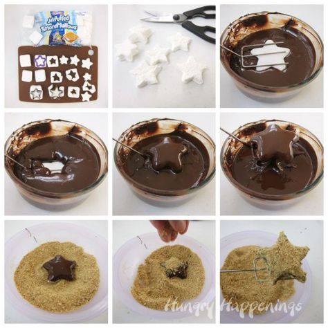 How to make S'mores Starfish using store bought marshmallows. It's easy and fun. S’mores Hack, S’mores On The Beach, Smore Snack Mix For Kids, Ocean Snacks, How To Make S’mores Popcorn, Shark Week Recipes, S’mores Cereal Treats, Baby Shower Party Food, Fish Snacks