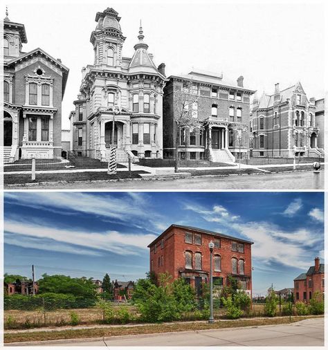 Abandoned Detroit street before and after. It's so sad to see all of those beautiful houses gone. Abandoned Mansion For Sale, Abandoned Detroit, Detroit History, Abandoned Mansions, Historical Images, Historic Preservation, Haunted Places, Architecture Old, Detroit Michigan