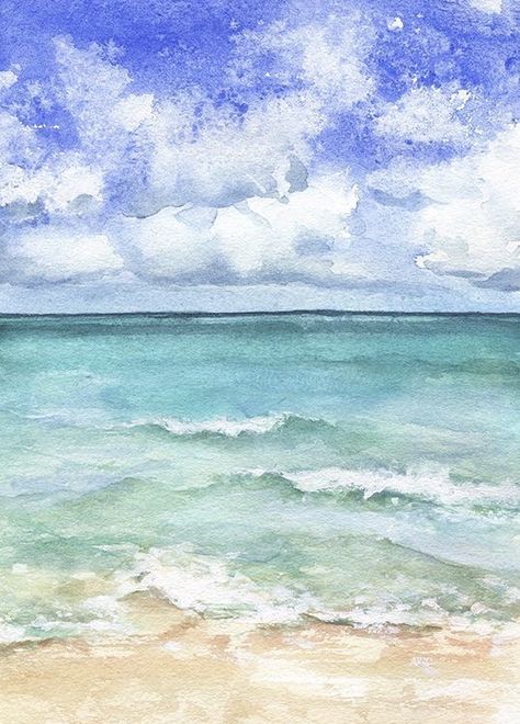 Ocean Landscape Painting, Beach Scene Painting, Watercolor Scenery, Beach Art Painting, Bunny Watercolor, Watercolor Art Landscape, Watercolor Ocean, Diy Watercolor Painting, Beach Watercolor