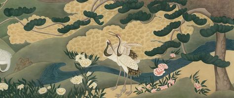 Japanese Cranes - This is a landscape developed from 17th century Japanese folding screens. We have extended the subject matter into a full scenic which is modern in effect and suitable for a large room - IKSEL Dining Room Murals, Japanese Cranes, Japanese Wallpaper, Japanese Animals, Japanese Crane, Chinoiserie Decorating, Wallpaper Ceiling, Scenic Wallpaper, Canvas Art Projects