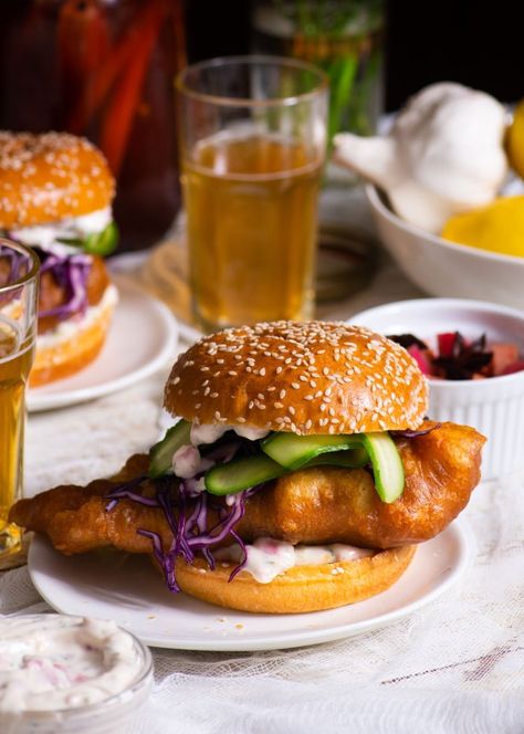 Cod Sandwich Recipes, Beer Batter Cod, Cod Sandwich, Crispy Cod, Pickled Rhubarb, Beer Battered Cod, Battered Cod, Mini Cucumbers, Tartar Sauce