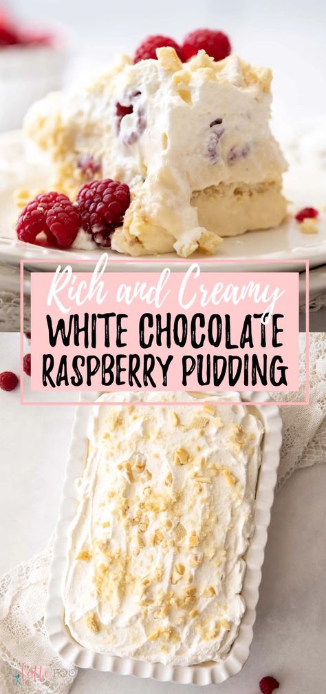 This No Bake Raspberry Pudding is a white chocolate raspberry pudding dessert that is a spin off of magnolia bakery banana pudding. Fresh raspberries, white chocolate pudding, whipped cream, and butter cookies are layered together to make an easy pudding cake that is irresistible. Pudding Packet Recipes, Desserts With Homemade Whipped Cream, Jello White Chocolate Pudding Recipes, Recipes Using Instant White Chocolate Pudding, Raspberry Push Pop Pudding, Light Pudding Desserts, Raspberry Fluff Dessert, White Chocolate Raspberry Trifle, White Chocolate Raspberry Recipes