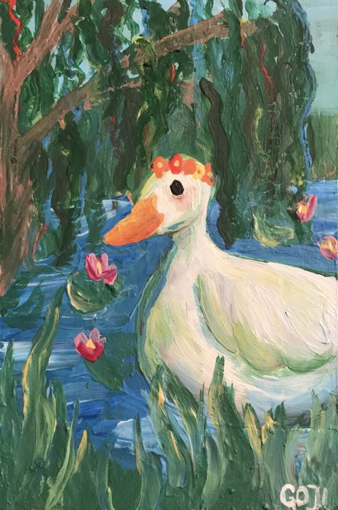 Oil Painting Duck, Duck With Flower On Head, Cute Duck Painting Acrylic, Duck Pond Painting, Cottagecore Acrylic Painting, Duck Painting Acrylic, Cottagecore Painting Ideas, Duck Painting Easy, Duck Paintings