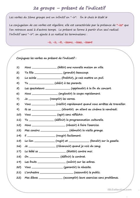 PRESENT DE L'INDICATIF 2e groupe - verbes ISSANT - Français Fle Fiches Pedagogiques French Lessons For Beginners, French Practice, French Flashcards, French Verbs, French Worksheets, French Teaching Resources, French Activities, French Language Lessons, French Education