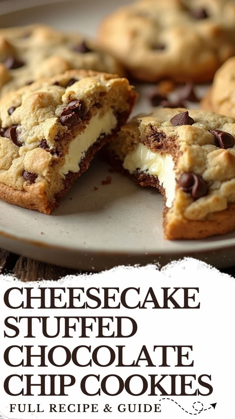 These Chocolate Chip Cheesecake Cookies are a delicious twist on the classic cookie! Soft, chewy cookies filled with creamy cheesecake and loaded with melted chocolate chips. This Cheesecake Stuffed Chocolate Chip Cookies recipe is easy to make and perfect for any occasion. If you're looking for the best Chocolate Chip Cheesecake Cookie recipe, this is it—simple, sweet, and irresistible! Full Recipe At Dealiciousness Cheesecake Filled Chocolate Chip Cookies, Cream Cheese Stuffed Chocolate Chip Cookies, Cheesecake Stuffed Chocolate Chip Cookies, Cheesecake Stuffed Chocolate Chip Cookie, Chocolate Chip Cheesecake Cookies Recipe, Chocolate Chip Oreo Cookies, Cheesecake Stuffed Cookies, Melted Chocolate Chips, Cheesecake Cookies Recipes