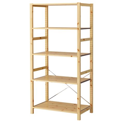 IVAR Shelving unit - IKEA -- For either side of our existing wardrobe -- More shelves than the other one Ikea Ivar Shelves, Ivar Regal, Ikea Shelving Unit, Pine Shelves, Side Units, Ikea Ivar, Foldable Table, Shelving Units, Shelving Systems