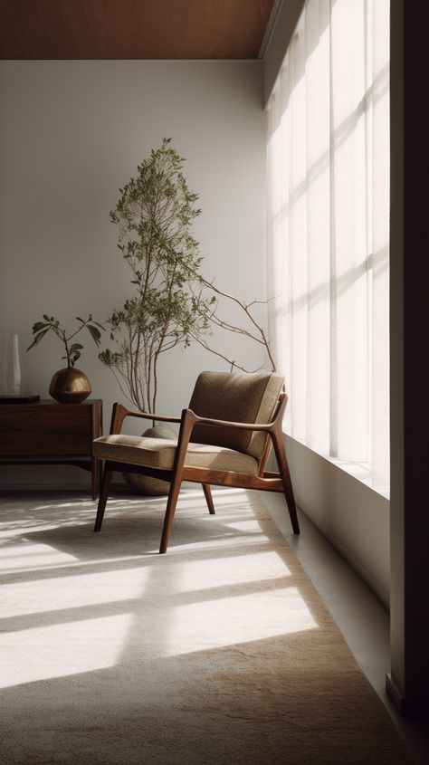 Mid-century minimalist interior incorporating natural materials using vintage film leica camera, natural lighting, carefully selected decor, 9:16 aspect ratio --v 5 --ar 9:16 https://www.leonhoulier.com Japandi Retro Interiors, Piano Area Design, Midcentury Japanese Interior, Japandi Vintage Interior, Japandi Interiors Living Room Small, Japandi And Mid Century, Minimal Mid Century Modern Living Room, Minimal Retro Interior, Vintage Minimalism Interior