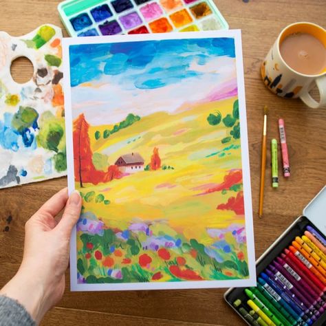 Bright Landscape, Water Color Markers, Bright Watercolor, Colourful Art, Indie Art, Oil Pastel Art, Landscape Artwork, Rainbow Art, Landscape Illustration