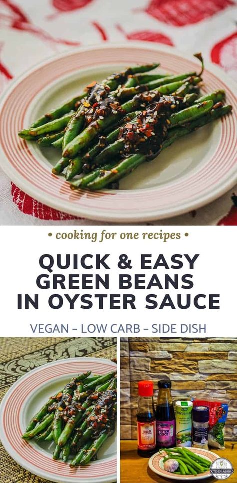 Looking for healthy green beans recipes? This Asian style easy green beans with garlic and oyster sauce makes an excellent side dish. Try this now or pin it for later! #cookingforone #30minutemeals #singleserving #recipeforone #foodrecipes #sidedishideas green beans healthy | green beans easy | green beans healthy recipe | dinner with green beans | cooking green beans | recipe for green beans | green beans sides | Dairy free dinners | Vegan Sides | Vegan food recipes Green Beans With Oyster Sauce, Dinner With Green Beans, Dairy Free Dinners, Cooking For One Recipes, Green Bean Recipes Healthy, Green Beans Side, Healthy Green Beans, Delicious Green Beans, Green Beans Side Dish