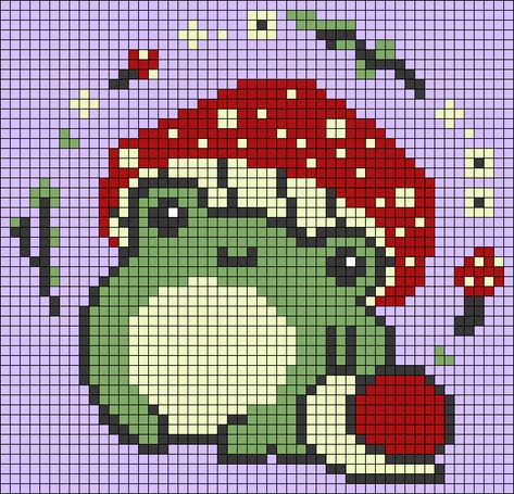 Alpha Patterns Crochet Mushroom, Mushroom Frog Perler Beads, Crochet Grid Patterns Mushroom, Pixel Art Pattern Frog, Cross Stitch Crochet Pattern, Mushroom Pixel Art Grid, Frog Pixel Art Grid, Frog Tapestry Crochet, Clown Alpha Pattern