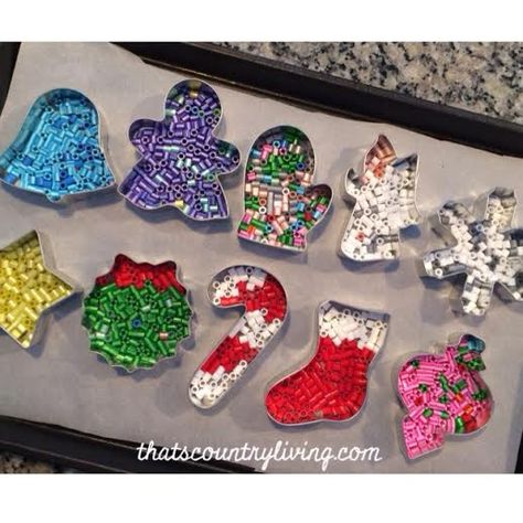 perler bead cookie cutter ornament. just 10 minutes in 400 deg oven. easy fun and fast! Melted Bead Crafts, Christmas Perler Beads, Bead Ornaments, Christmas Crafts To Make, Hama Bead, Melting Beads, Beaded Christmas Ornaments, Diy Coasters, Easy Christmas Crafts