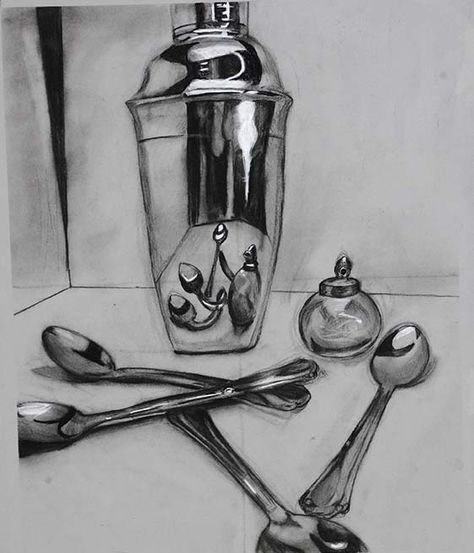 A study of drawing reflective metal objects Reflective Drawing, Still Life Pencil Shading, Reflective Objects, High School Art Teacher, Reflection Drawing, Ks3 Art, Steel Drawing, Value Study, Tone Paper