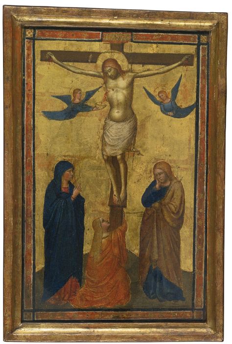 ATTRIBUTED TO THE MASTER OF THE ASHMOLEAN PREDELLA ACTIVE IN FLORENCE CIRCA 1360 - 1390 "THE CRUCIFIXION WITH THE MADONNA, MARY MAGDALENE, SAINT JOHN THE EVANGELIST AND TWO ANGELS" tempera on velum laid down on panel, gold ground 12 5/8  by 7 7/8  in.; 32 by 20.2 cm. Sotheby's Fresco Art, St John The Evangelist, Giorgio Vasari, Anthony Van Dyck, Fra Angelico, Van Eyck, Jan Van Eyck, John The Evangelist, Mary Magdalene