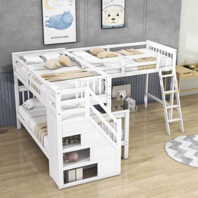 The L-shaped bunk bed and loft bed with stairs are perfect for families with 2 to 3 children, sleepovers, or your extra guest to enjoy the sleeping time | Harriet Bee Fabriana Twin Over Full & Twin 3 Drawers L-Shaped Bunk Bed w/ Storage White 61.0 x 97.0 x 118.0 in | C009451697 | Wayfair Canada Custom Bunk Beds Built Ins, Room Cleaning Tips, L Shaped Bunk Beds, Girls Bunk Beds, Double Bunk Beds, Custom Bunk Beds, Shared Girls Room, Bunk Bed With Slide, Portable Desk