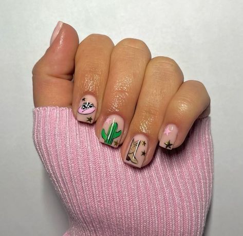 Cowboy Boots Nails, Pink Cactus Nails, Cowboy Boot Nail Art, Cowboy Theme Nails, Cowboy Hat Nail Art, Cowboy Nail Art, Cowboy Boot Nails, Cowboy Hat Nails, Southwest Nails