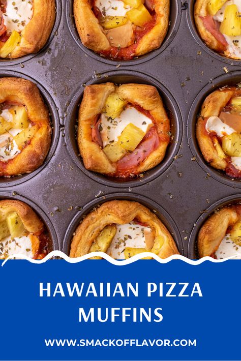 These Muffin Tin Hawaiian Pizzas are the best easy week night dinner you can make. Kid friendly, made with Pillsbury crescent roll dough, this mini bite sized pizzas are amazing. An easy appetizer for a kid's birthday party or for a dinner party for game night! This crowd pleaser appetizer is made with ham, pineapple, sauce and cheese. This is a great appetizer to use up leftover ham from Christmas, Easter or any holiday. Pillsbury Hawaiian Crescent Recipes, Leftover Hawaiian Roll Recipes, Hawaiian Crescent Roll Recipes, Cup Meals, Hawaiian Pizza Recipe, Pizza Muffins Recipe, Quick Pizza Recipes, Mini Muffin Tin Recipes, Ham And Pineapple Pizza