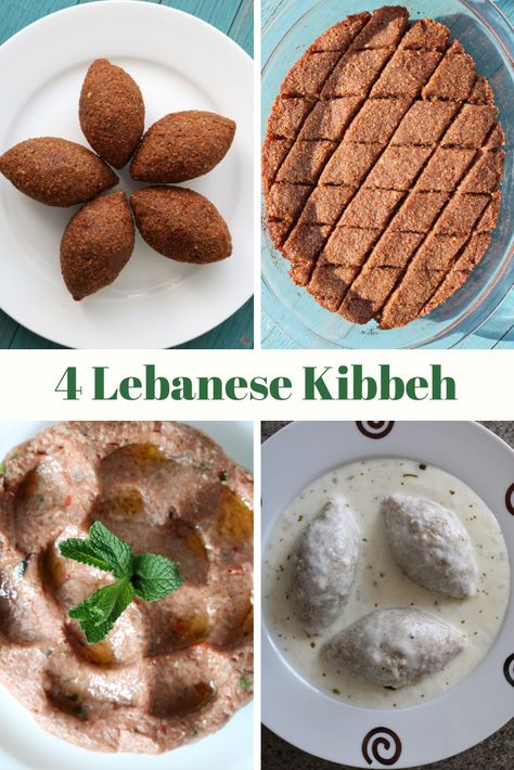 4 types of Lebanese Kibbeh, classic fried kibbeh, raw kibbeh nayeh, kibbeh bil sanieh (baked in a tray) and kibbeh labanieh in a rich yoghurt sauce #kibbeh #kibbe #mezze #starters #howtomakekibbeh #lebanesekibbeh #appetizer #authentic #friedkibbeh #rawkibbeh #bakedkibbeh #kibbehbilaban #kibbehlabanieh #bestkibbeh # Kibbeh Bil Sanieh, Kibbeh Labanieh, Kibbeh Nayeh Recipe, Kibbeh Nayeh, Kibbeh Recipe Lebanese, Baked Kibbeh, Middle Eastern Recipes Arabic Food, Recipe Lebanese, Kibbeh Recipe