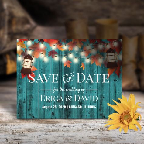 Rustic Lantern Teal Fall Wedding Save the Date Announcement Postcard Teal Fall Wedding, Rustic Wedding Save The Dates, Rusting Wedding, Burnt Orange Weddings, Rustic Save The Dates, Rustic Lanterns, Rustic Fall Wedding, Country Barn, Teal Wedding