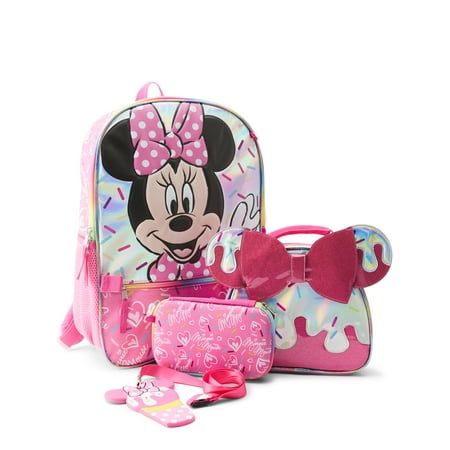 Disney Minnie Mouse Girl's 4-Piece Backpack with Lunch Bag Set, Pink Minnie Mouse Backpack, Id Lanyard, Backpack Set, Minnie Mouse Girl, Lunch Tote, Pink Backpack, Storage Pouch, Colorful Design, Kids Backpacks