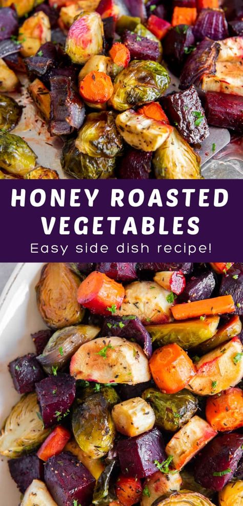 This honey roasted vegetables recipe is a simple side dish with subtle sweetness and delectable flavor that everyone will love! Honey Roasted Vegetables, Fall Vegetable Side Dishes, Thanksgiving Recipes Side Dishes Easy, Thanksgiving Vegetables Side Dishes, Veggie Medley, Thanksgiving Vegetable Sides, Thanksgiving Veggies, Roasted Vegetables Recipe, Roasted Fall Vegetables